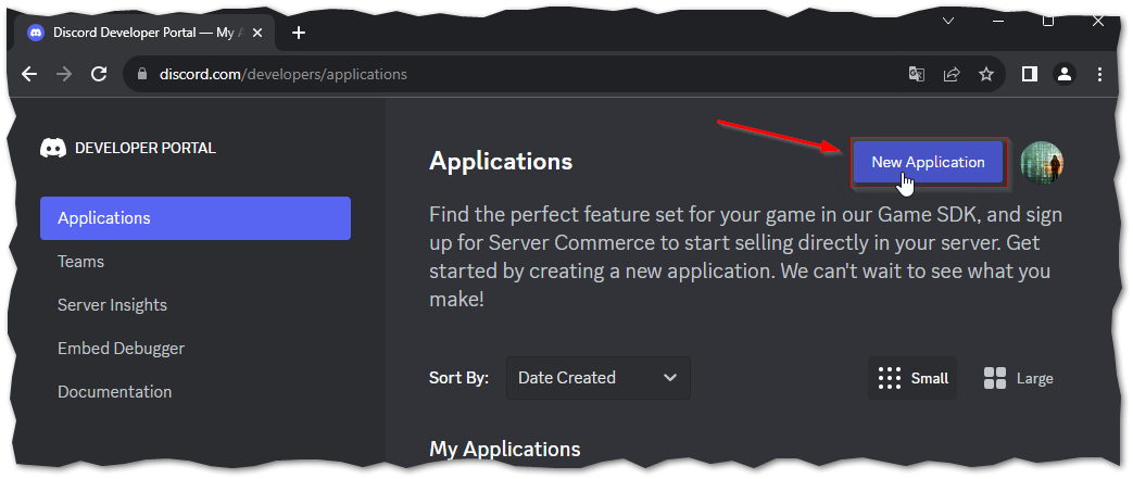 An image showing where to create a new application