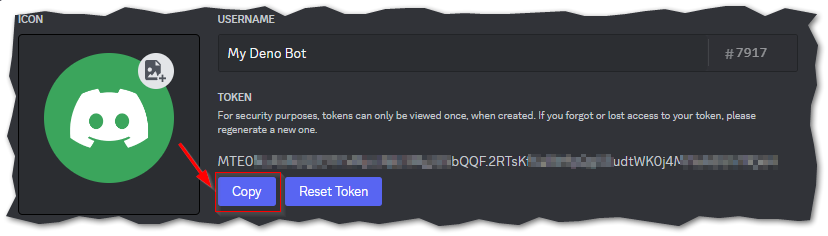 An image showing where to copy the bot token